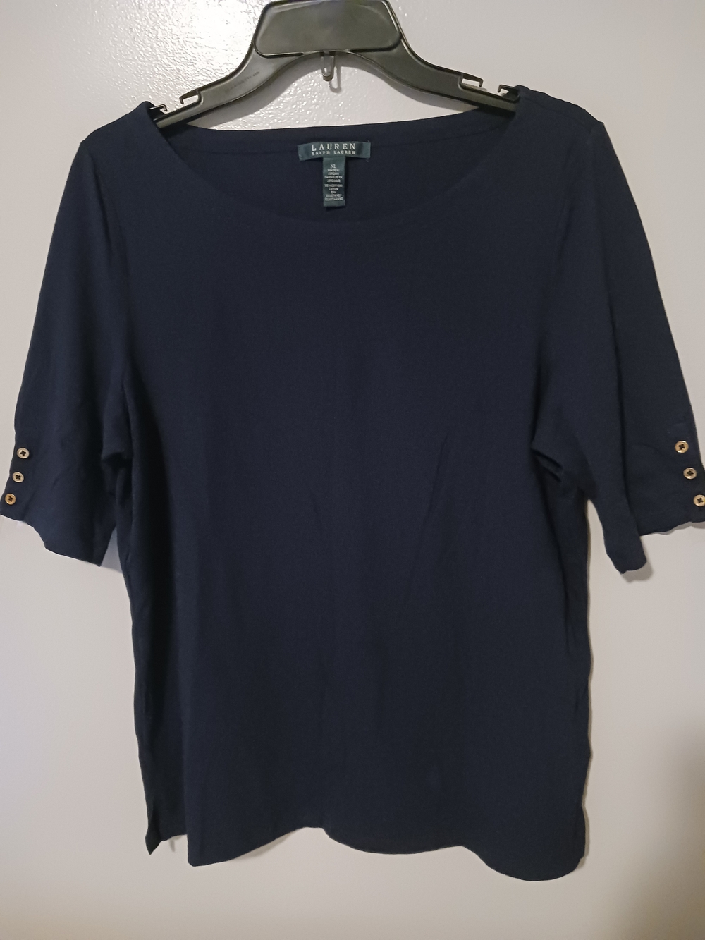 Ralph Lauren Navy Blue Short-Sleeve Knit Top with Gold Buttons